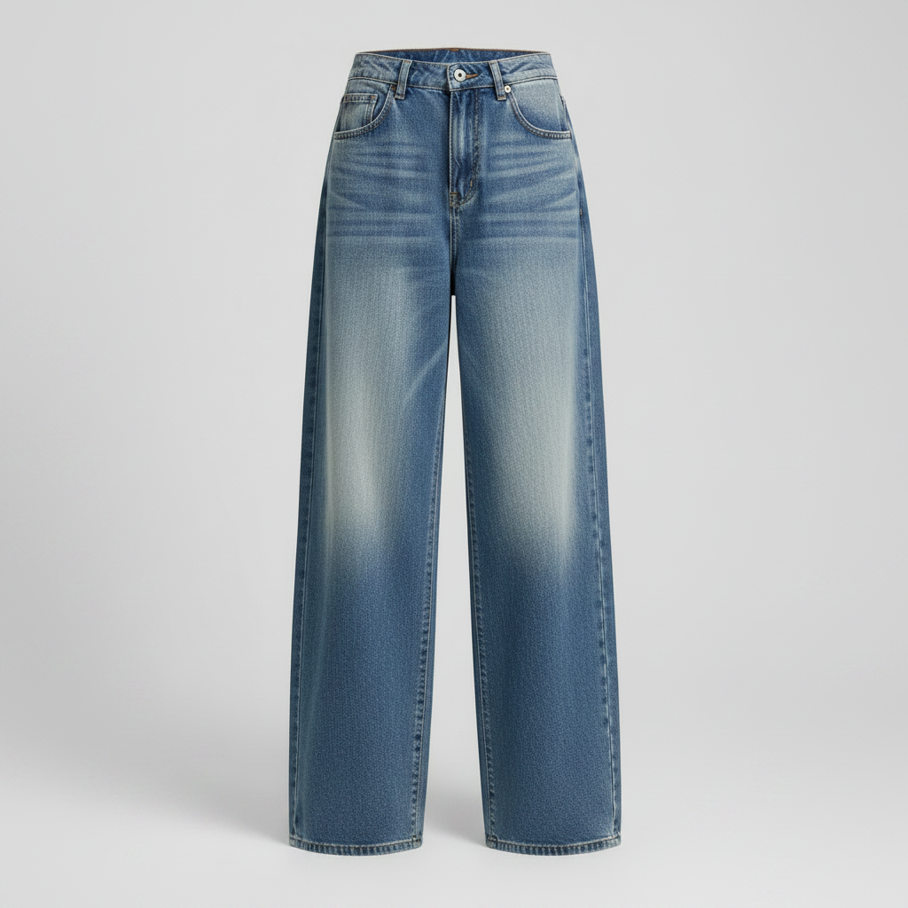American-style Retro Blue Cat Wide-leg Jeans