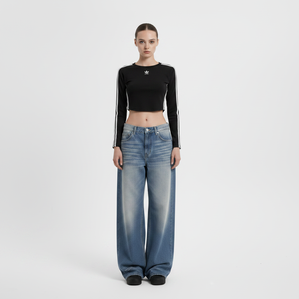 American-style Retro Blue Cat Wide-leg Jeans