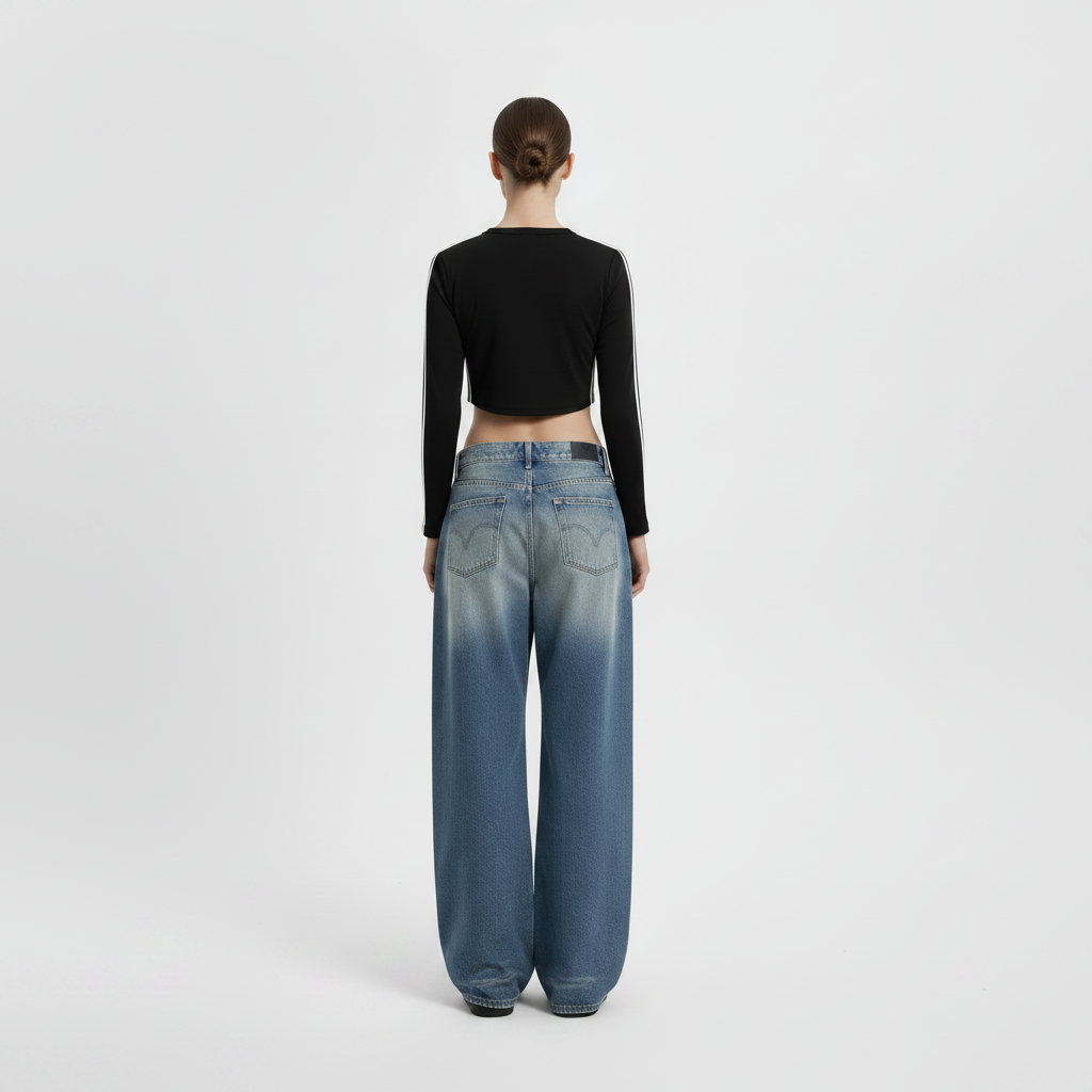 American-style Retro Blue Cat Wide-leg Jeans