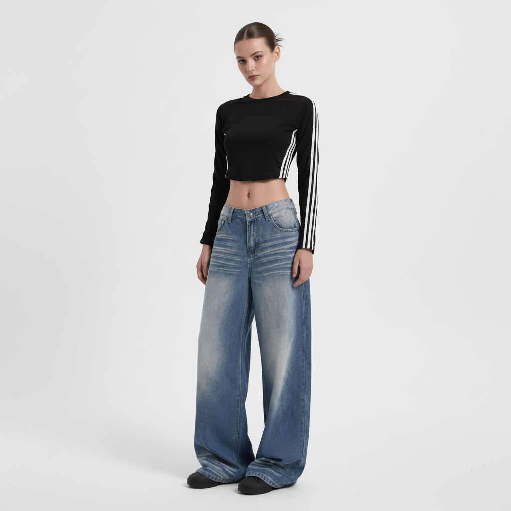 American-style Retro Blue Cat Wide-leg Jeans