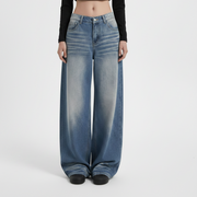 American-style Retro Blue Cat Wide-leg Jeans