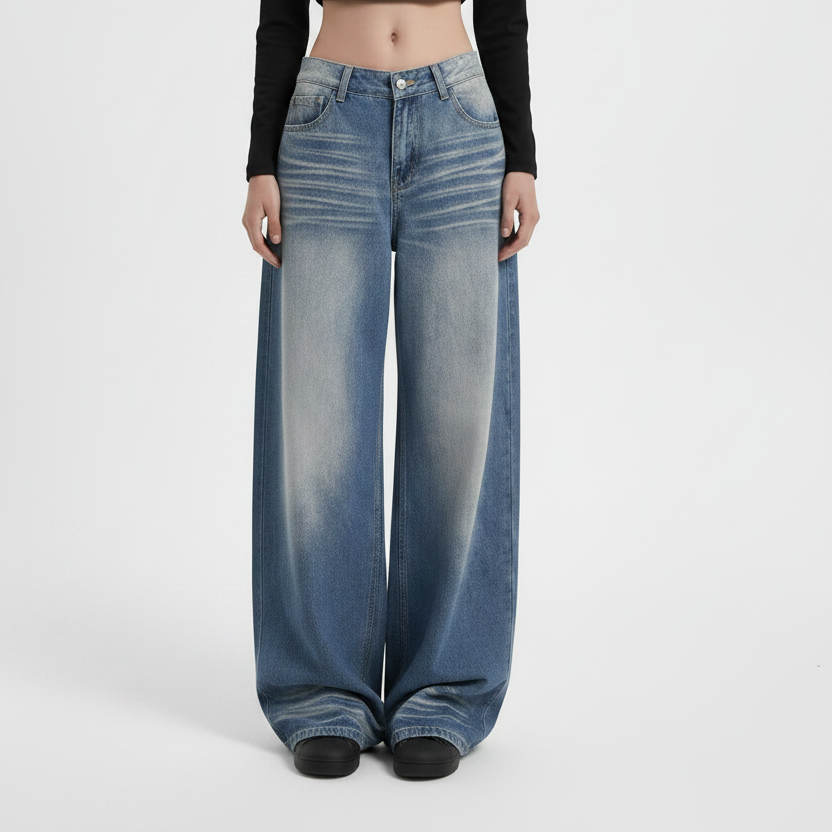 American-style Retro Blue Cat Wide-leg Jeans