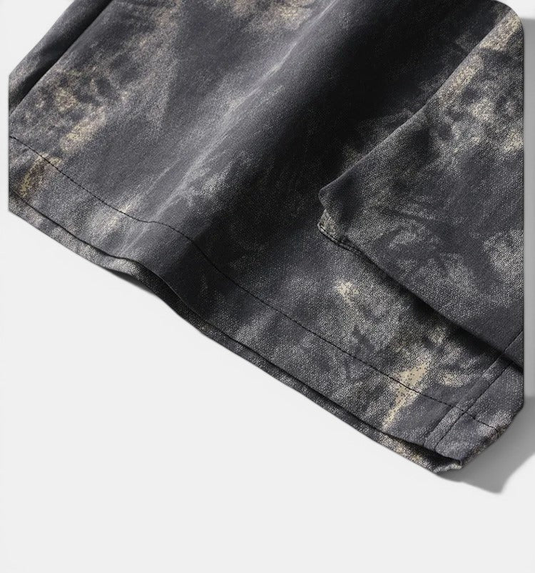 Allzom calças masculinas de poliéster com tie-dye em preto e verde, cintura média, estilo simples para o verão.