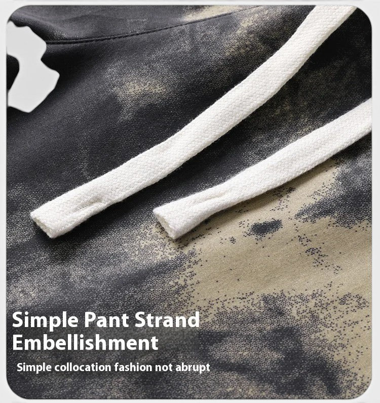 Calças de poliéster Allzom com cordão branco e padrão tie-dye em preto e verde, comprimento médio.