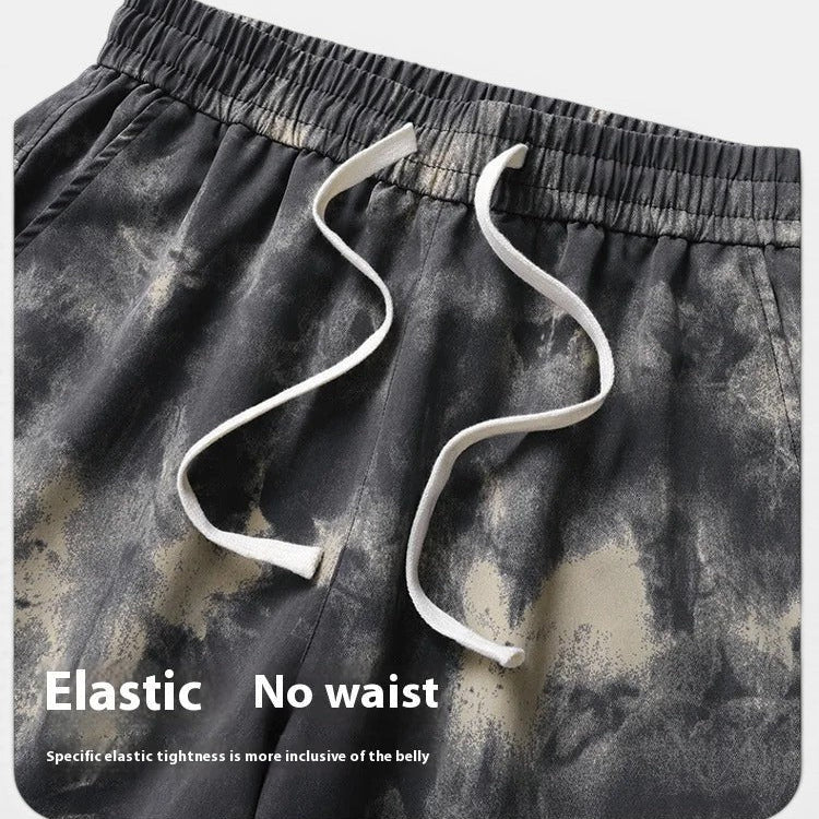 Calças de poliéster Allzom com cintura elástica e cordão, tie-dye em preto e verde, estilo casual de verão.