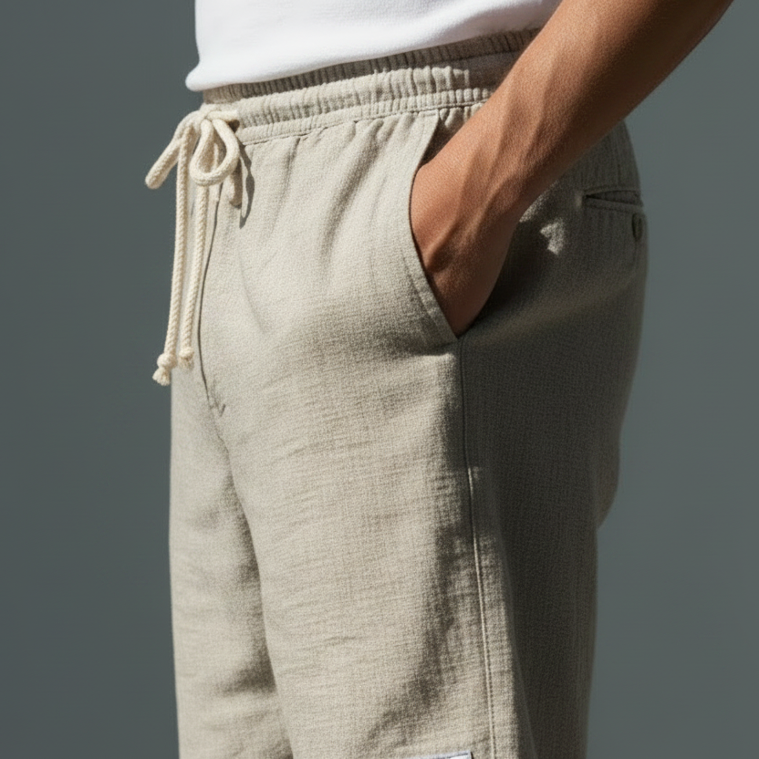 Fashionable Drawstring Textured Solid-Colored Shorts Beach Pants