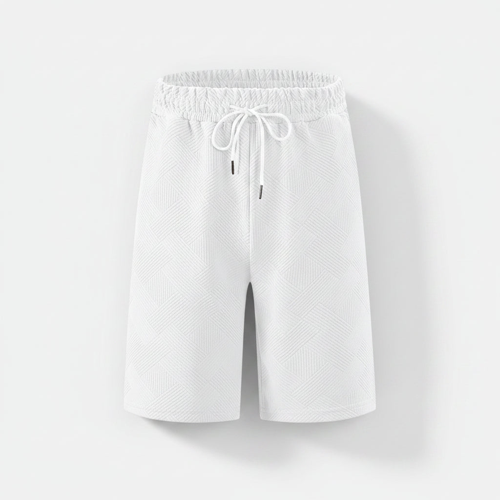 Calções brancos de poliéster Allzom com cintura elástica, cordão e padrão jacquard texturizado. Ajuste descontraído para desporto.