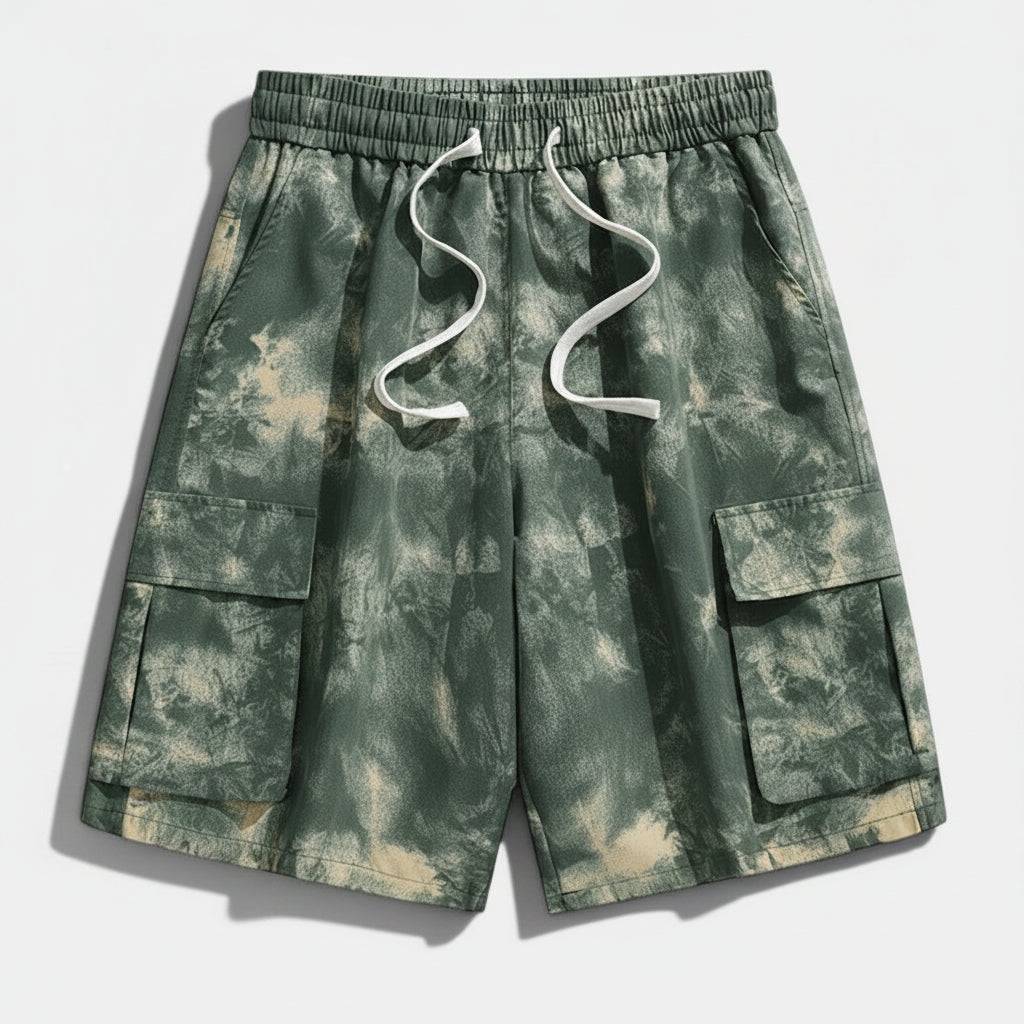 Allzom calções cargo tie-dye verdes e beges em poliéster com cordão e cintura elástica.