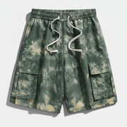 Allzom calções cargo tie-dye verdes e beges em poliéster com cordão e cintura elástica.