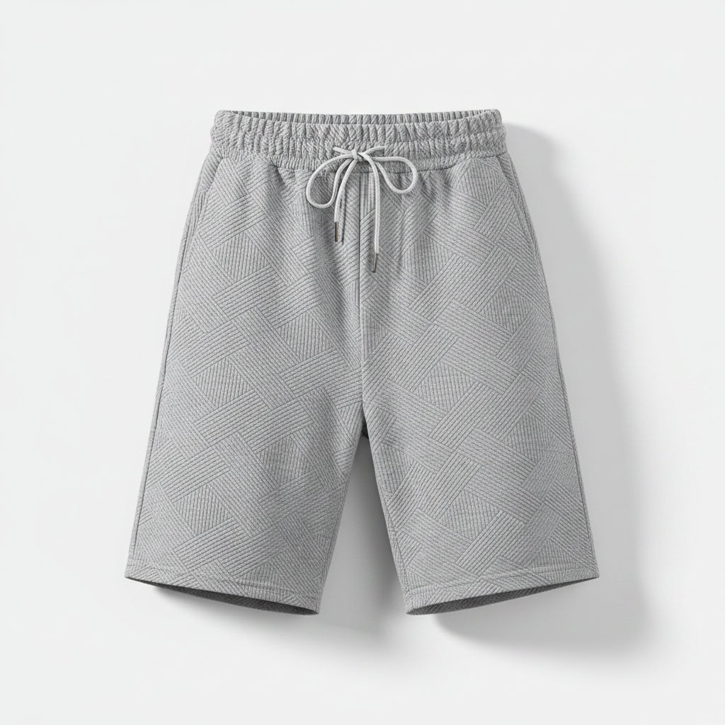 Calções casuais Allzom de poliéster cinzentos com padrão jacquard, cintura elástica e cordão.