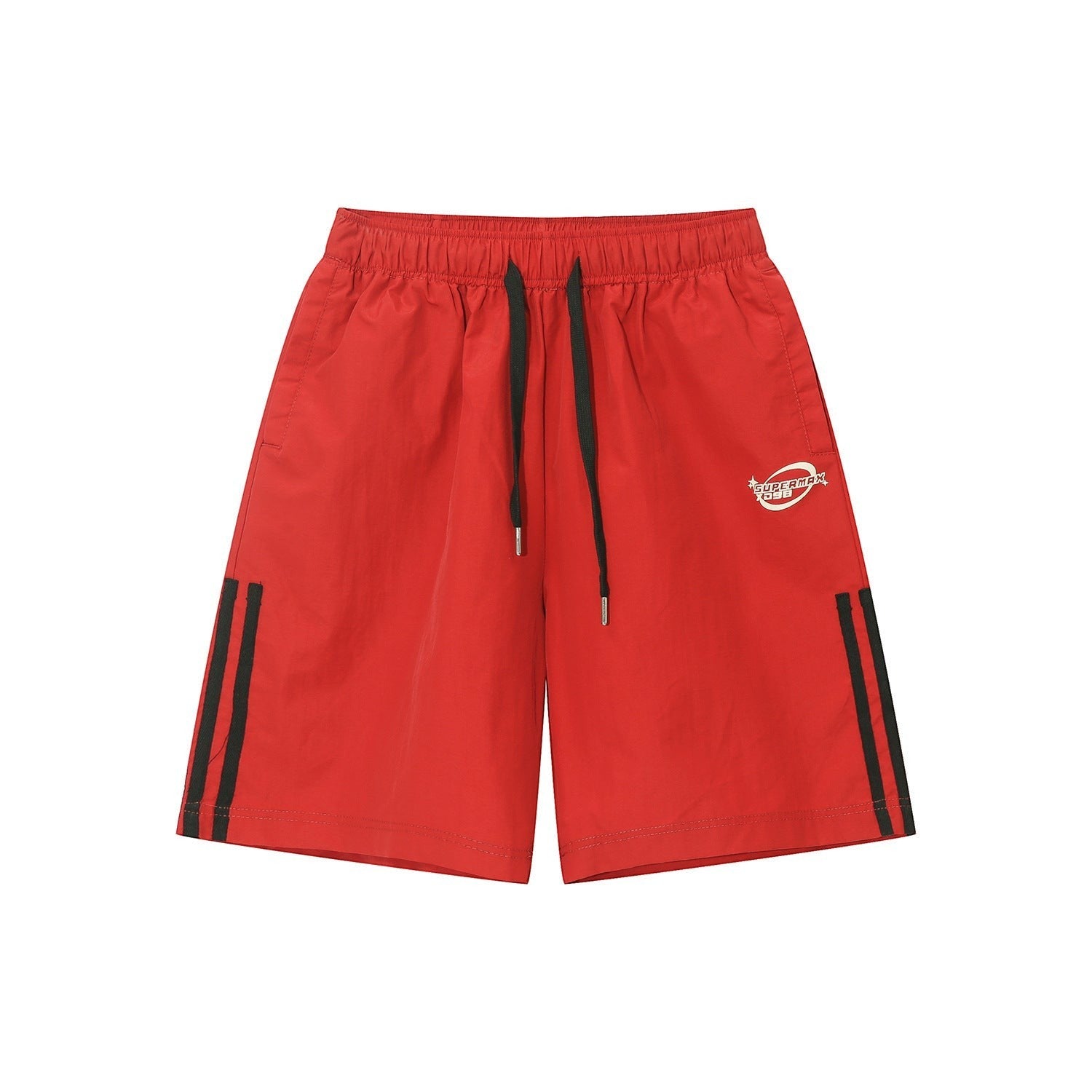 Calções desportivos vermelhos da Allzom com cordão preto e detalhes de riscas pretas nas laterais.