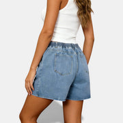 Allzom Calções de ganga azuis lavados para mulher, cintura alta, com elástico e bolsos traseiros.