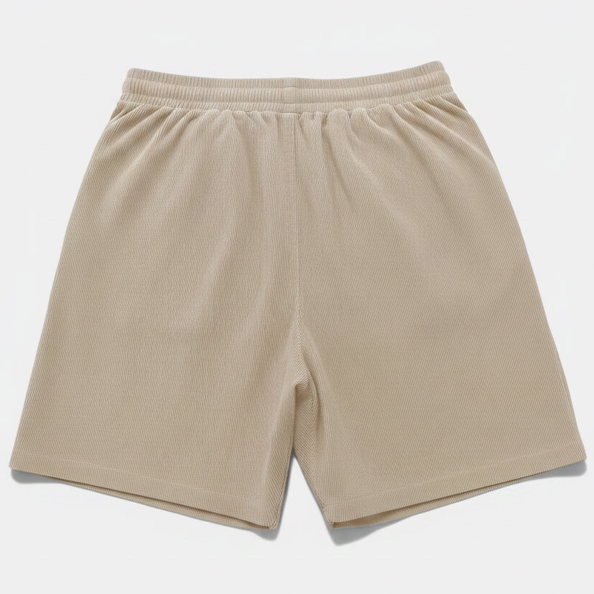 Calções de ganga Allzom de corte largo em poliéster, cor de damasco, com cintura elástica e bainha simples. Perfeitos para o verão.
