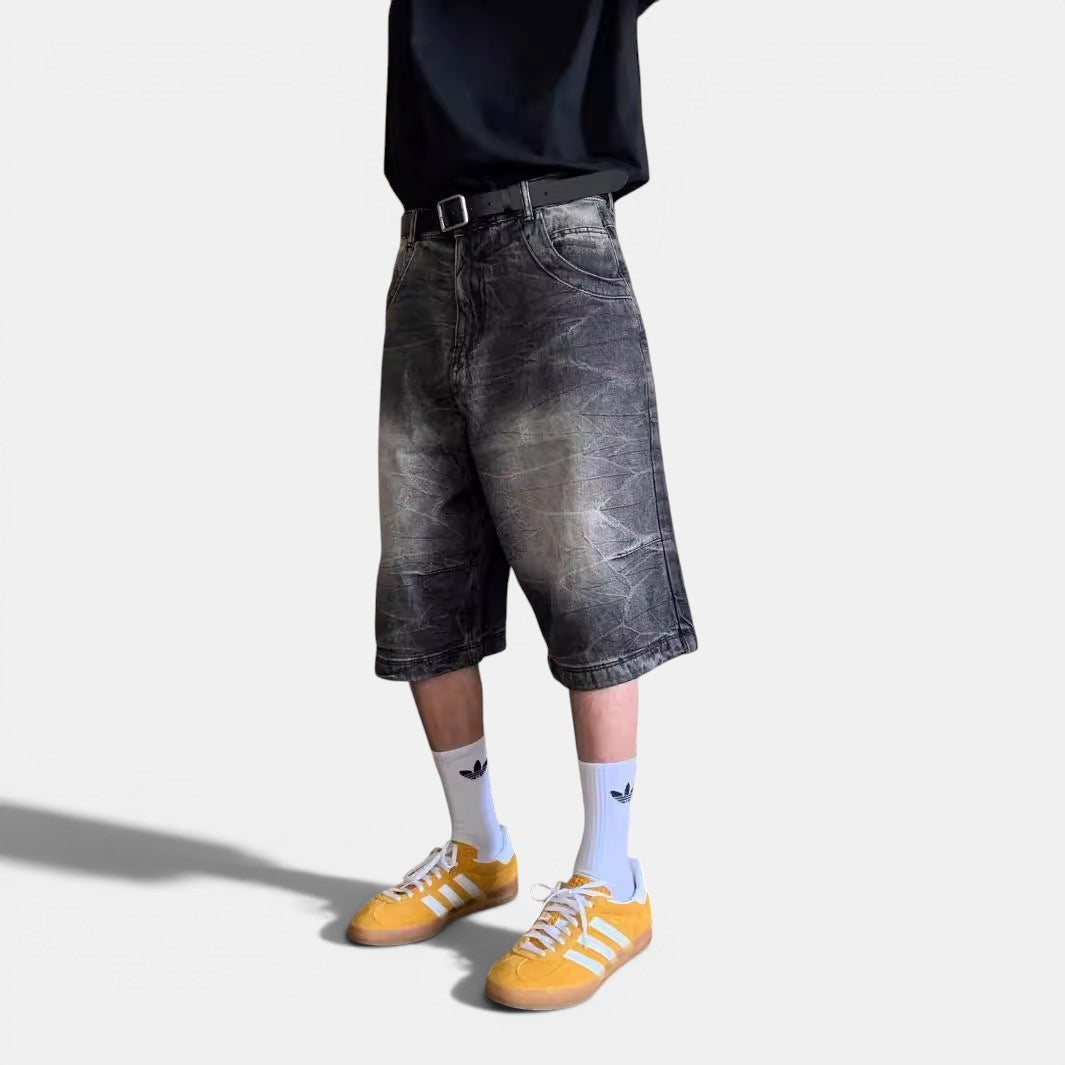 Calções de ganga pretos desbotados Allzom de perna direita, cintura média, com fecho de correr, para homem.