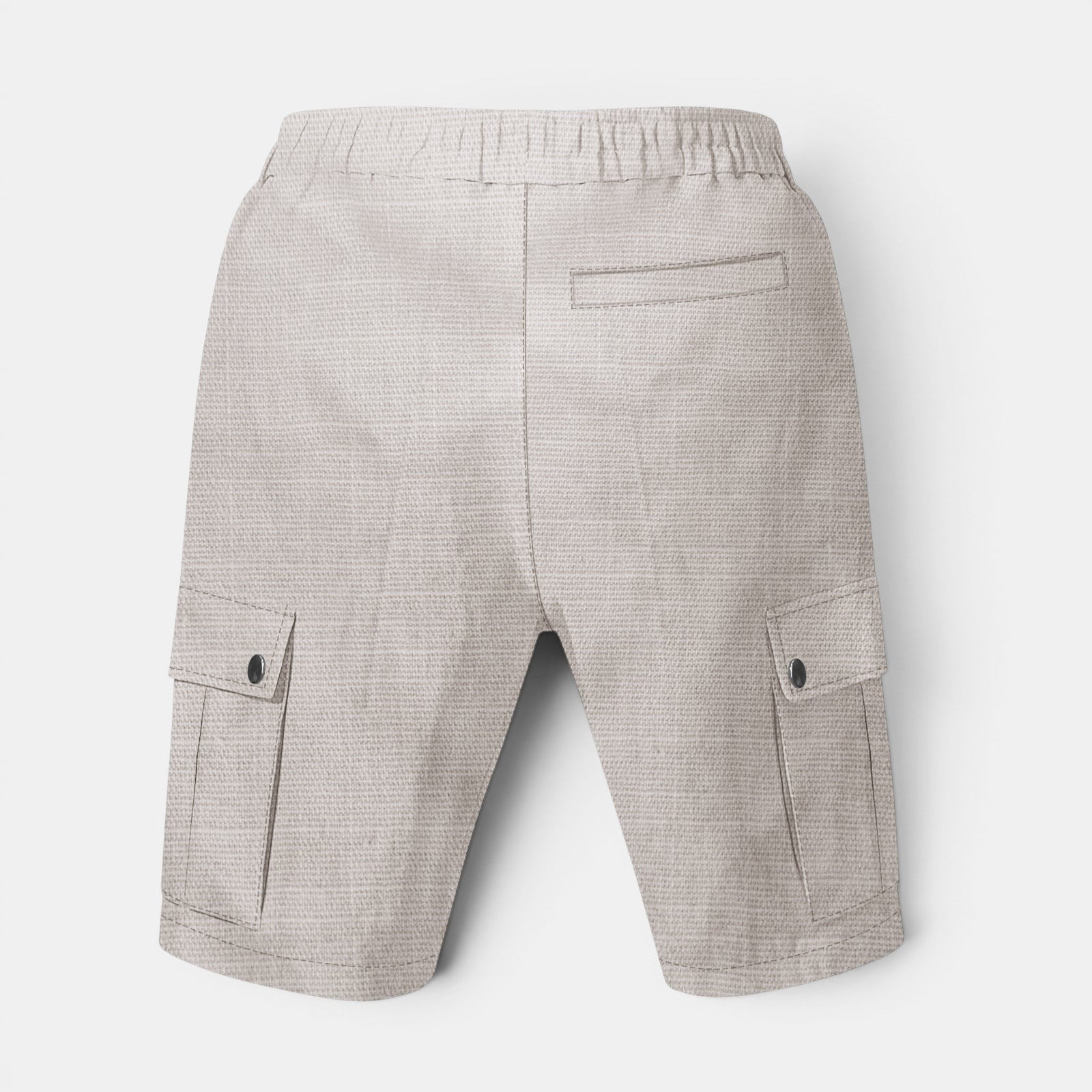 Calções casuais Allzom de linho de bambu bege com cintura elástica e bolsos cargo.