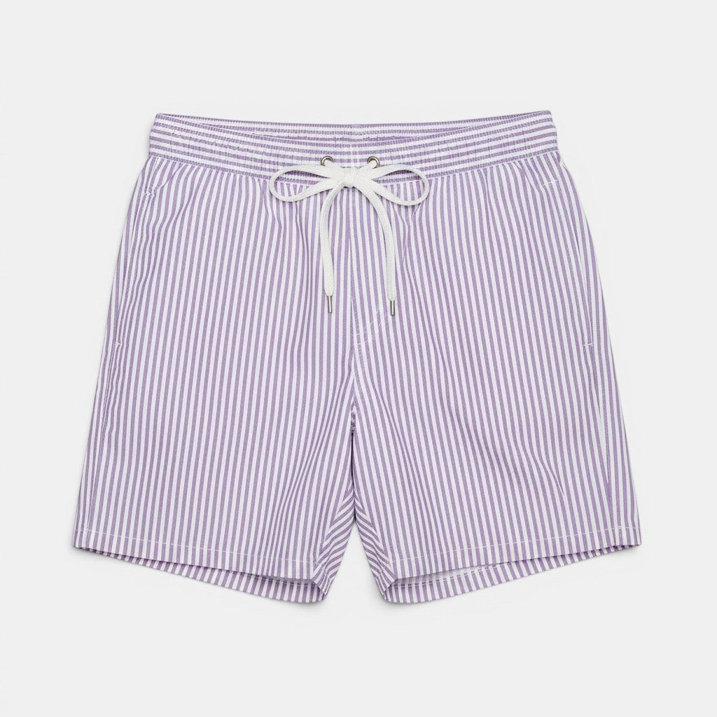 Calções de praia Allzom listrados em roxo e branco, com cintura elástica e cordão branco.