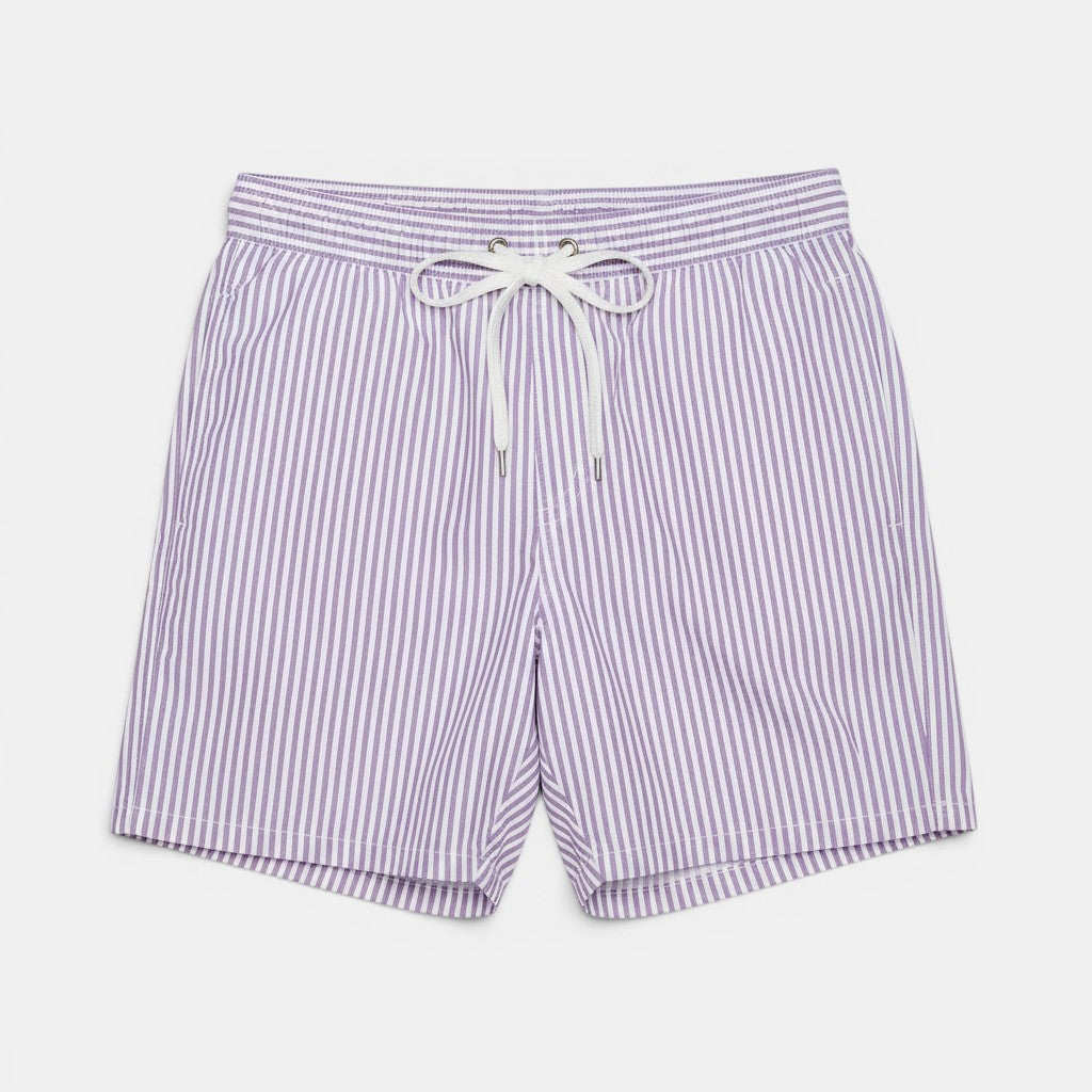 Calções de praia Allzom listrados em roxo e branco com cordão branco e cintura elástica.