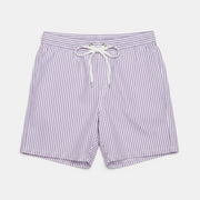 Calções de praia Allzom listrados em roxo e branco com cordão branco e cintura elástica.