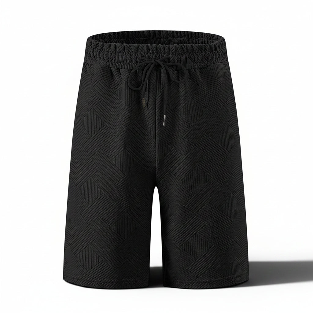 Calções pretos de poliéster Allzom com padrão jacquard, cintura elástica e cordão.