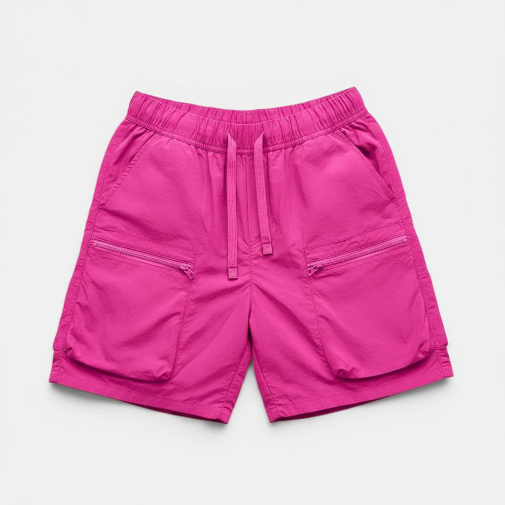 Allzom calções de trabalho finos para homem, cor rosa choque, cintura baixa, com cordão e bolsos com fecho de correr.