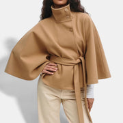 Allzom camel brown polyester high neck batwing sleeve coat with belt and buttons