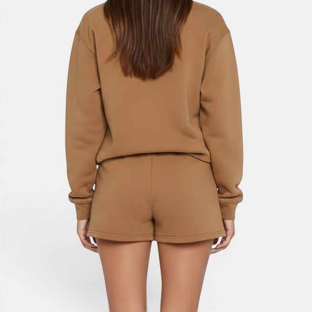 Allzom Women's camel brown long sleeve sweater and shorts co-ord set made from soft cotton. Casual loungewear.