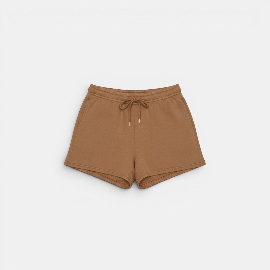 Allzom camel brown cotton shorts with drawstring waist and side pockets, part of a co-ord set.