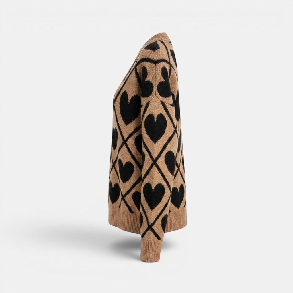 Allzom women's camel knit V-neck pullover sweater with black heart pattern. Casual everyday style.
