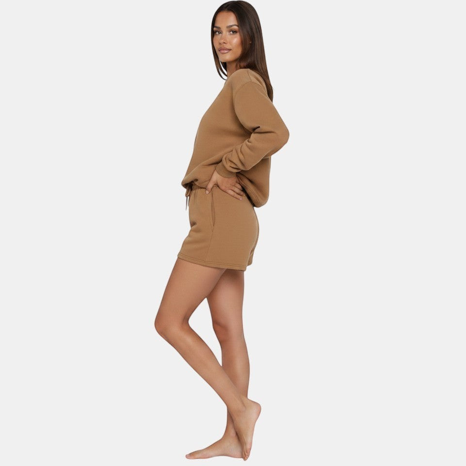 Allzom women's camel-coloured long sleeve sweater and shorts co-ord set in soft cotton, perfect for casual wear.