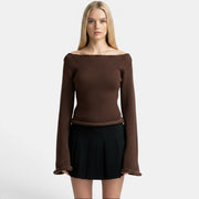 Allzom mulher de camisola castanha de malha canelada com mangas de sino e decote barco
