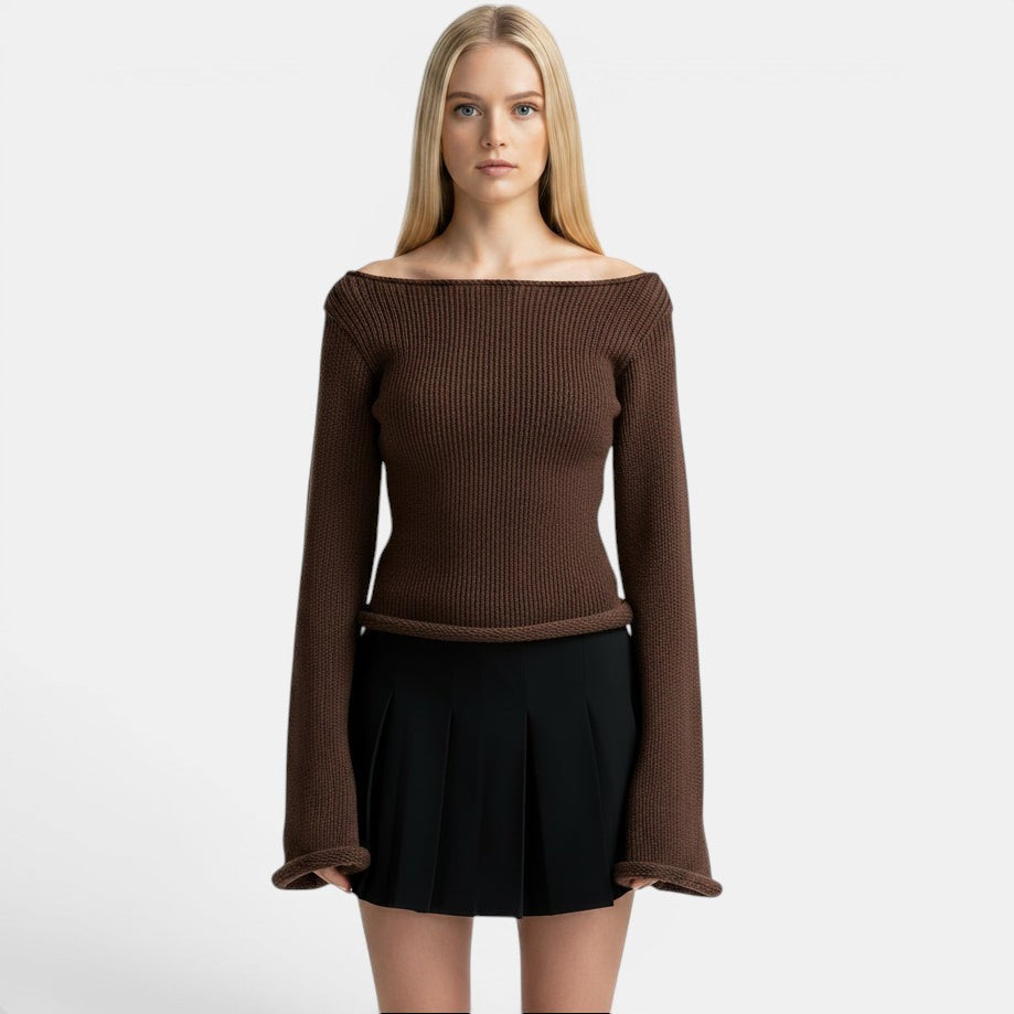 Allzom mulher de camisola castanha de malha canelada com mangas de sino e decote barco