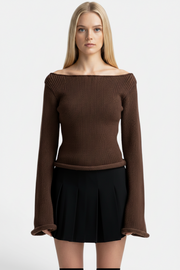 Women's Solid Colour Slim-Fit Bell Sleeve Boat Neck T-Shirt