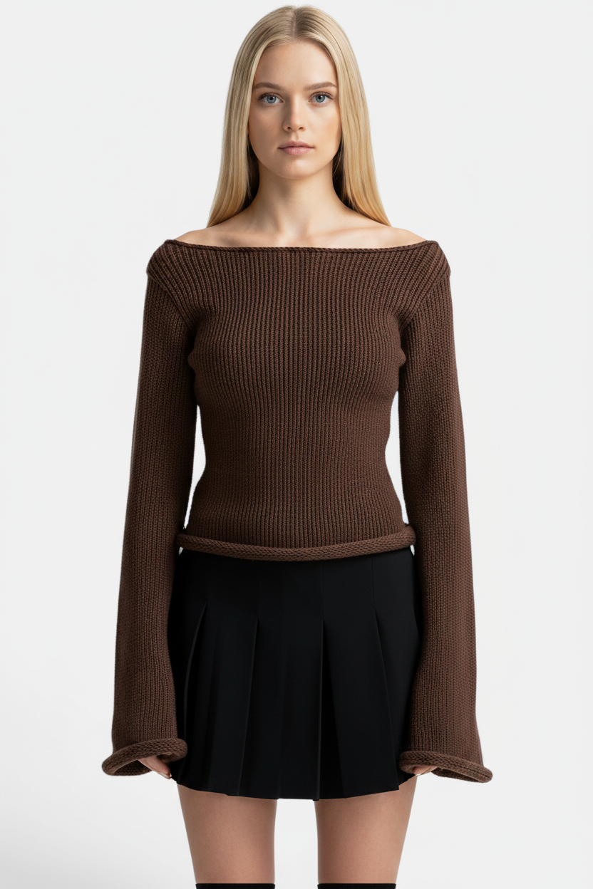 Women's Solid Colour Slim-Fit Bell Sleeve Boat Neck T-Shirt