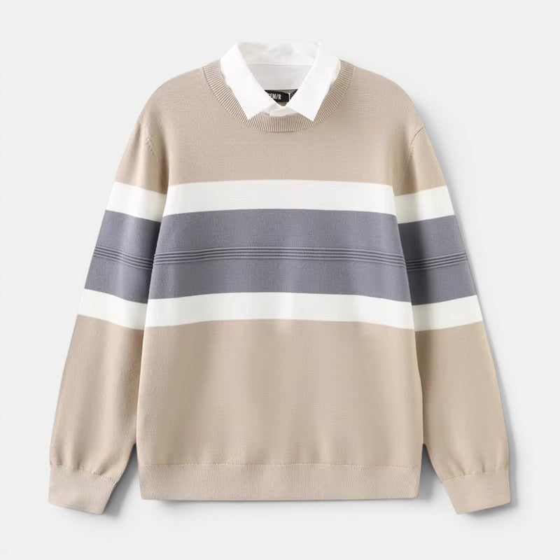 Allzom camisola de malha bege com riscas brancas e cinzentas, gola de camisa branca falsa, design de duas peças.