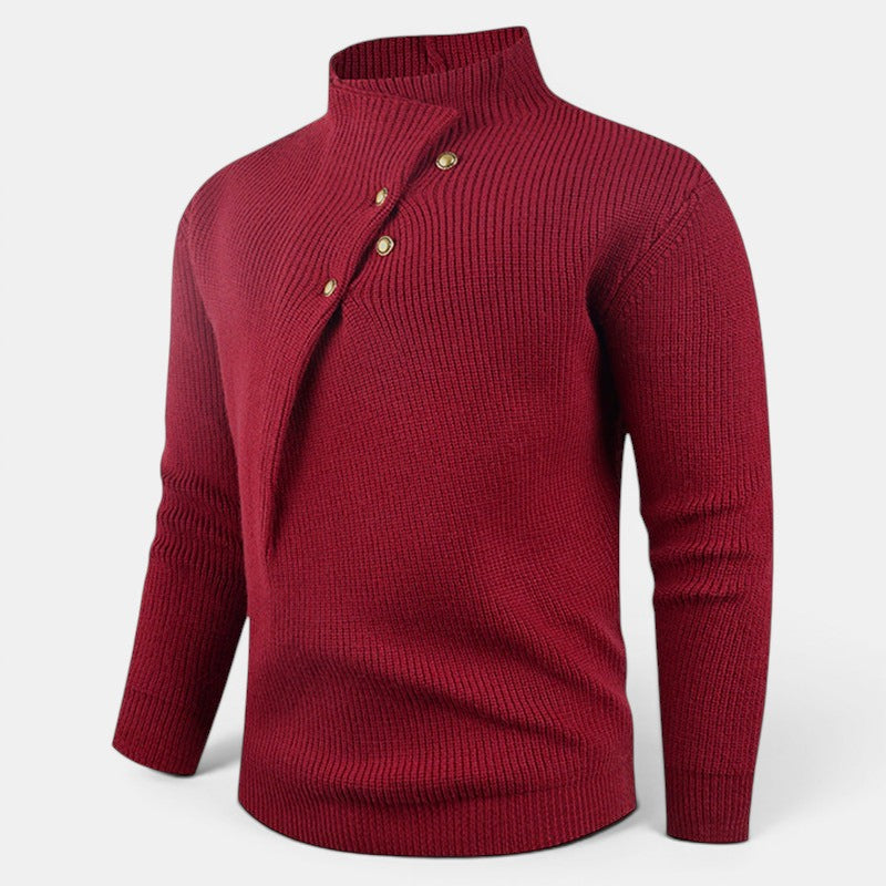 Allzom camisola de malha masculina vermelha com gola subida e botões inclinados