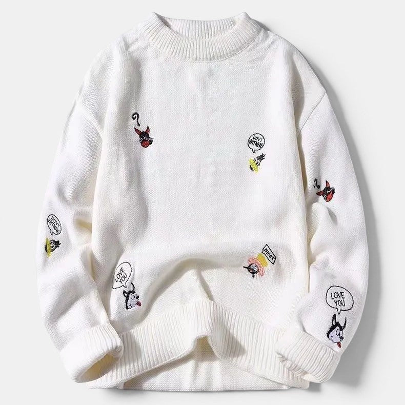 Allzom branco camisola de malha solta com bordados de cães e balões de fala, ajuste descontraído, gola redonda.
