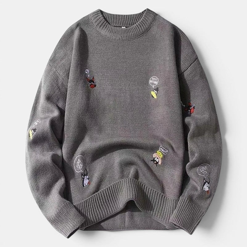 Allzom camisola de malha cinzenta masculina com ajuste descontraído e bordados de desenhos animados divertidos. Gola redonda, punhos e bainha canelados.