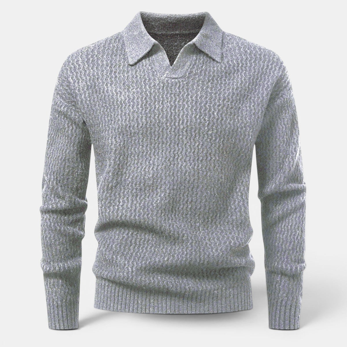 Camisola de malha cinzenta Allzom com gola polo e textura canelada, perfeita para o outono/inverno.