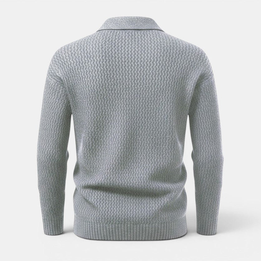 Camisola de malha Allzom cinzenta com gola polo e textura de espinha de peixe. Manga comprida.