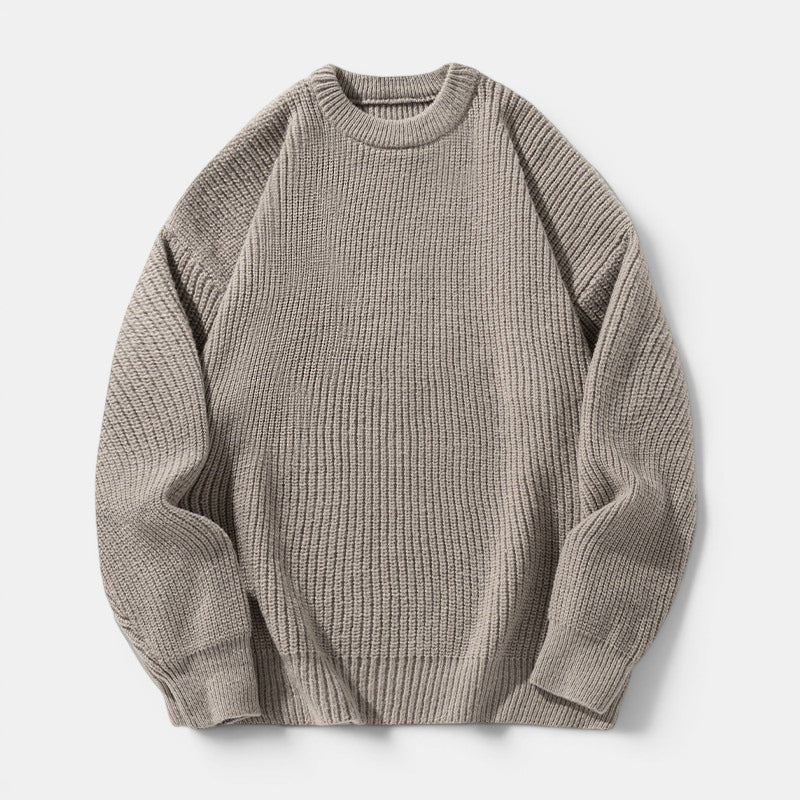 Allzom camisola de malha grossa masculina com gola redonda em bege, essencial de inverno.