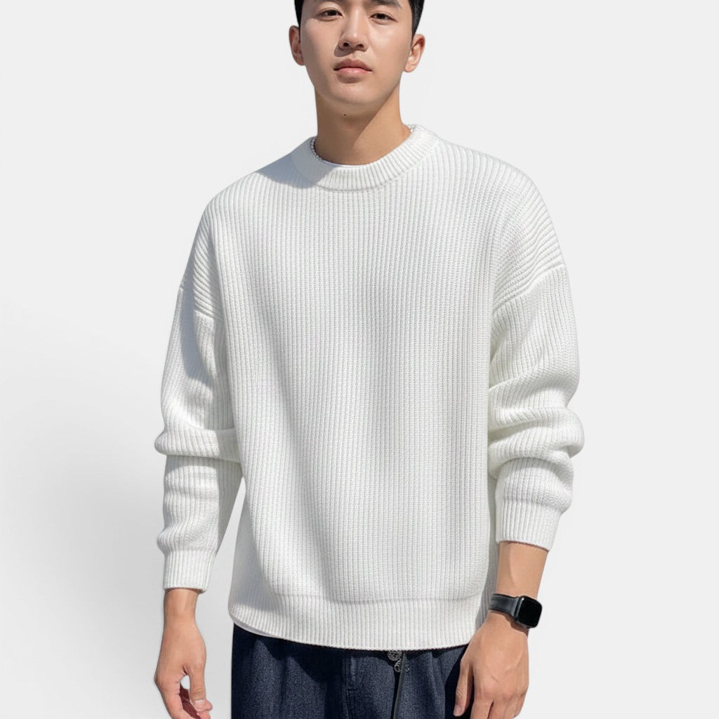 Allzom homens camisola de malha grossa branca com gola redonda, textura rica e construção espessa para aquecimento excecional.