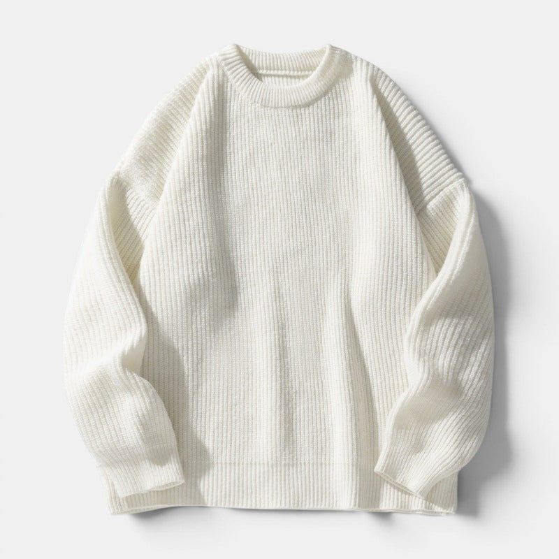 Allzom homens camisola de malha grossa branca com gola redonda, textura rica e quente, ideal para o inverno.