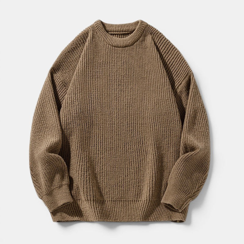 Allzom camisola de malha grossa masculina em cor de camelo com gola redonda, essencial de inverno.