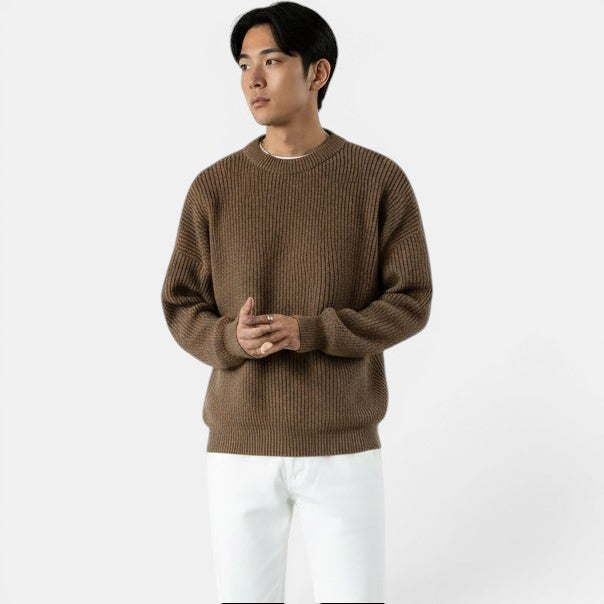 Allzom homem castanho camisola de malha grossa com gola redonda, essencial de inverno.