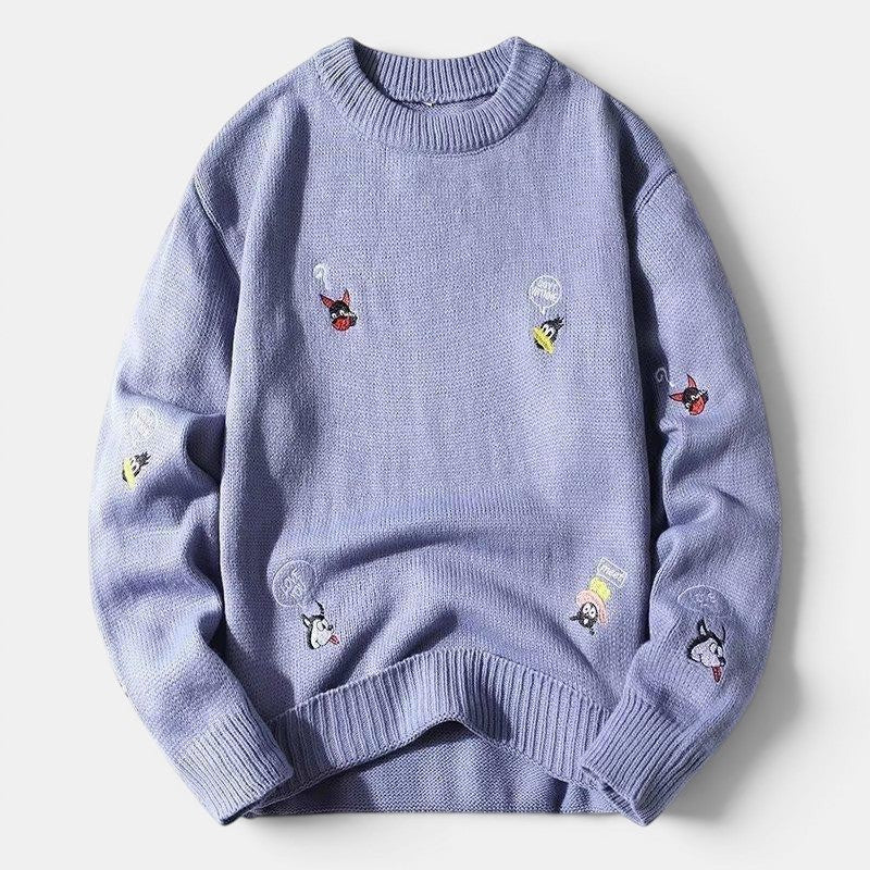 Allzom camisola de malha masculina lilás com bordados de cães e balões de fala, ajuste descontraído