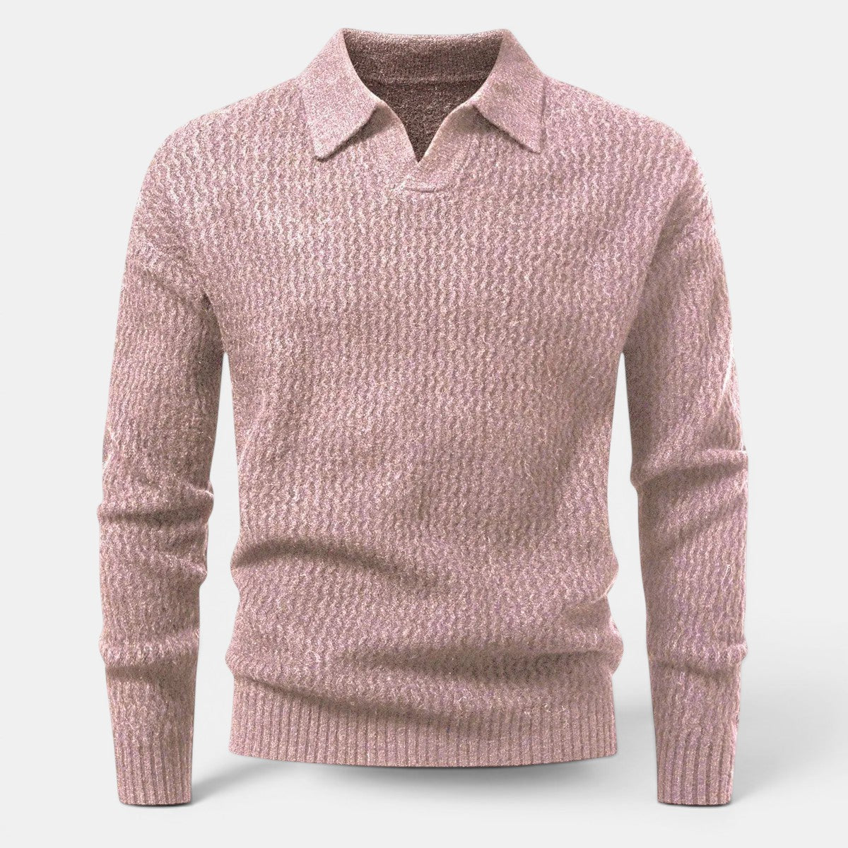 Camisola de malha Allzom rosa com gola polo e textura. Manga comprida, punhos e bainha canelados.