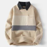 Allzom camisola de malha bege com riscas creme e cinzentas, gola de ganga e bolso frontal.