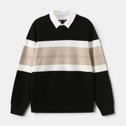 Allzom camisola de malha preta com colarinho branco e riscas contrastantes em bege e branco