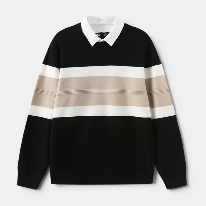 Allzom camisola de malha preta com colarinho branco e riscas contrastantes em bege e branco