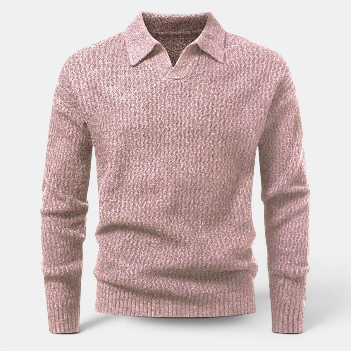 Allzom camisola de malha rosa texturizada com gola polo e abertura em V. Manga comprida, punhos e bainha canelados.